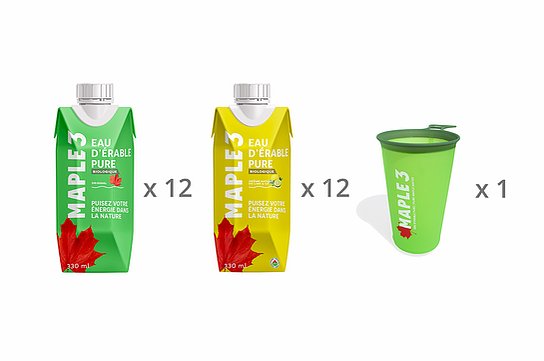 Maple 3 - 24 unités de 330ml d'eau d'érable et un verre réutilisable